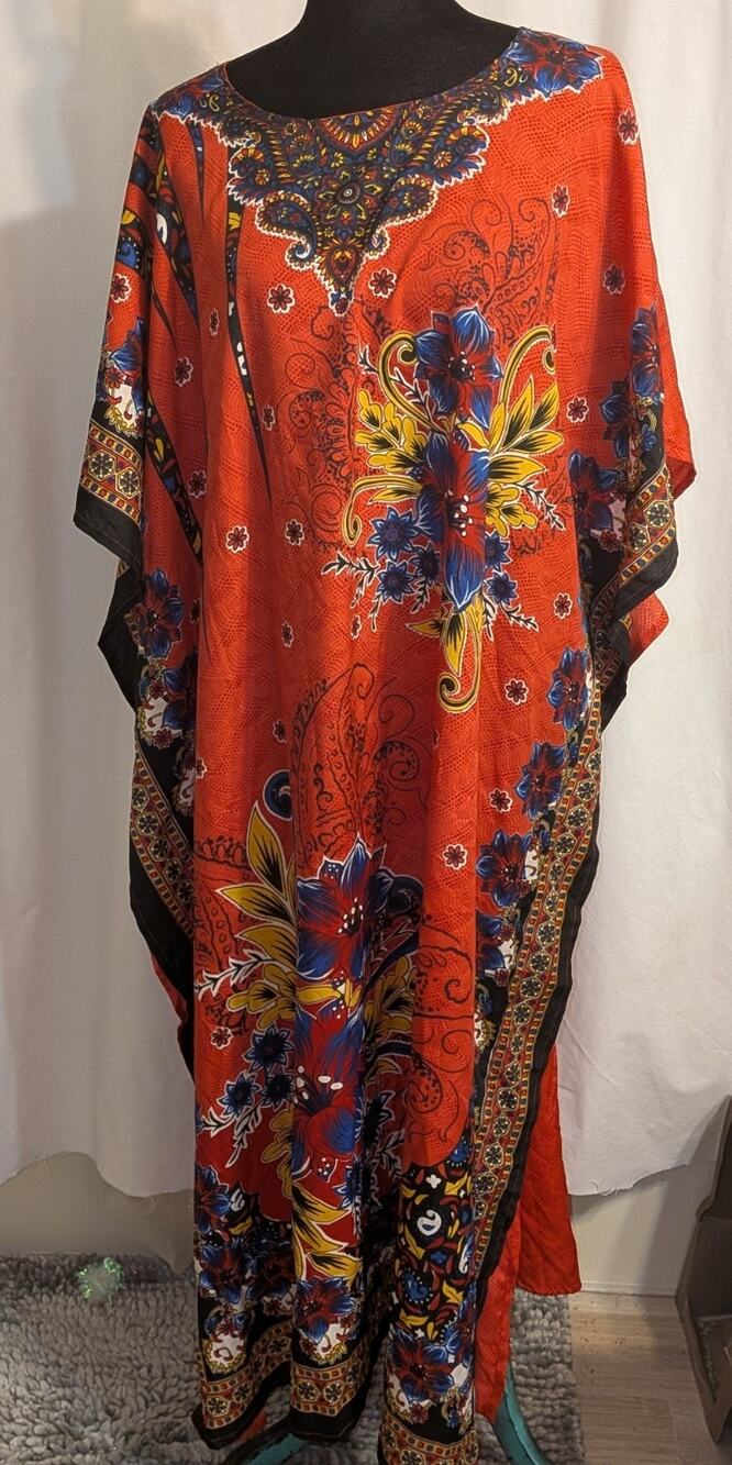 Gold Coast Red Floral Paisley Kimono Mumu Caftan Dress Cover Up OS